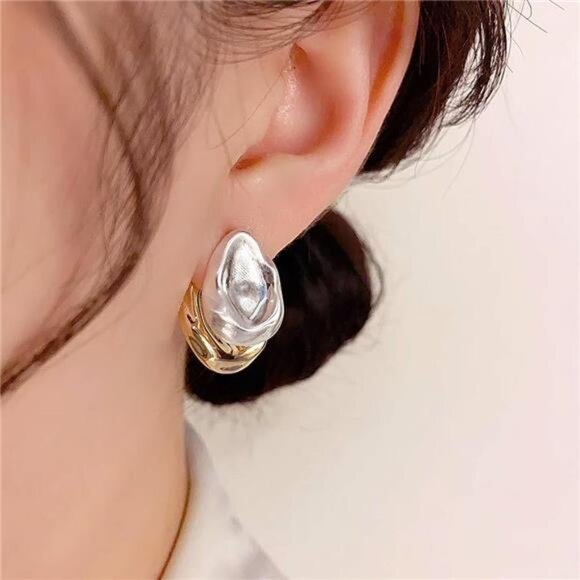 2-in-1 Two Tone Geometric Earrings | Gold & Silver Chunky Dangle Stud Earrings - Picture 1 of 4
